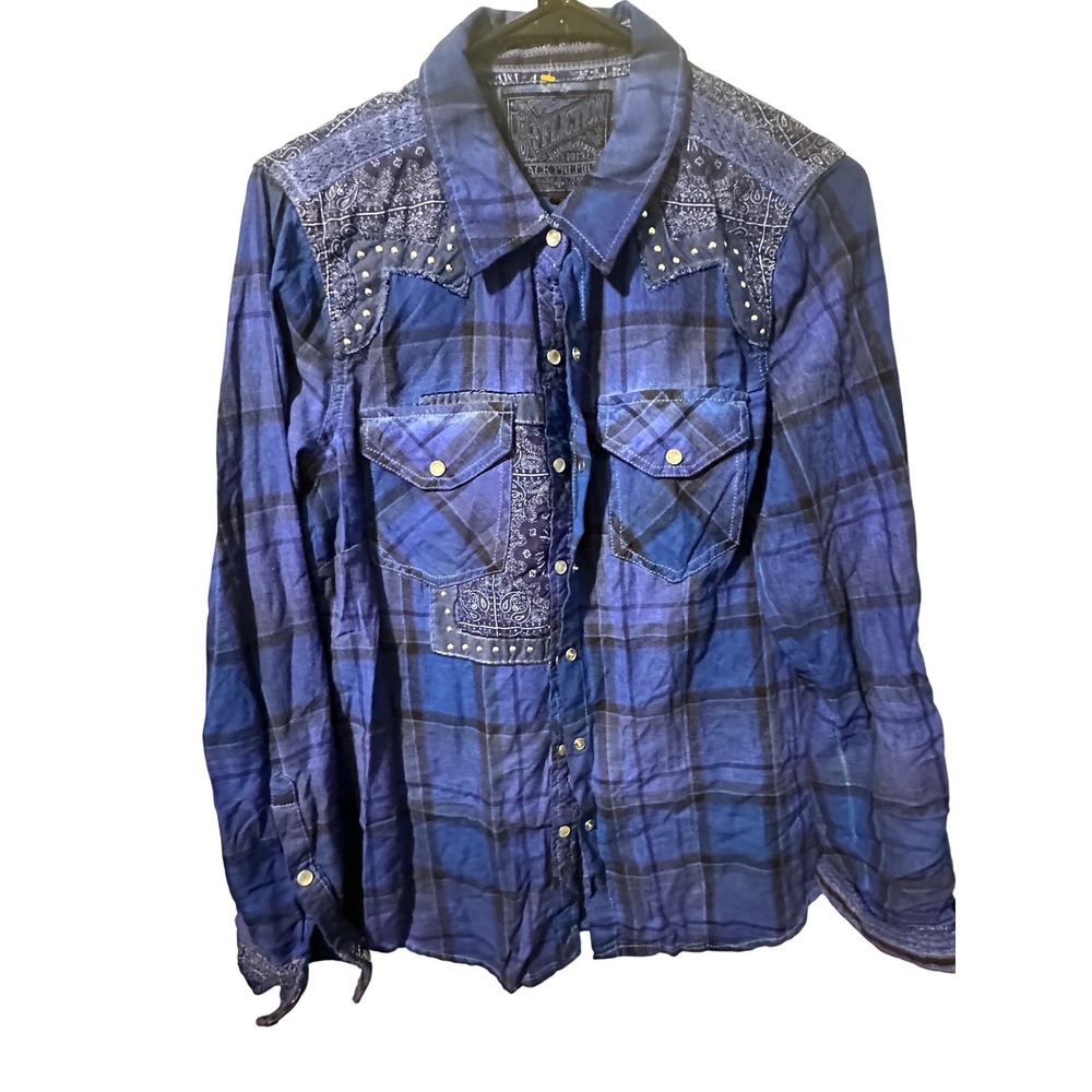 Affliction Black Premium Blue Plaid Western Bandana Studded Flannel Shirt Large